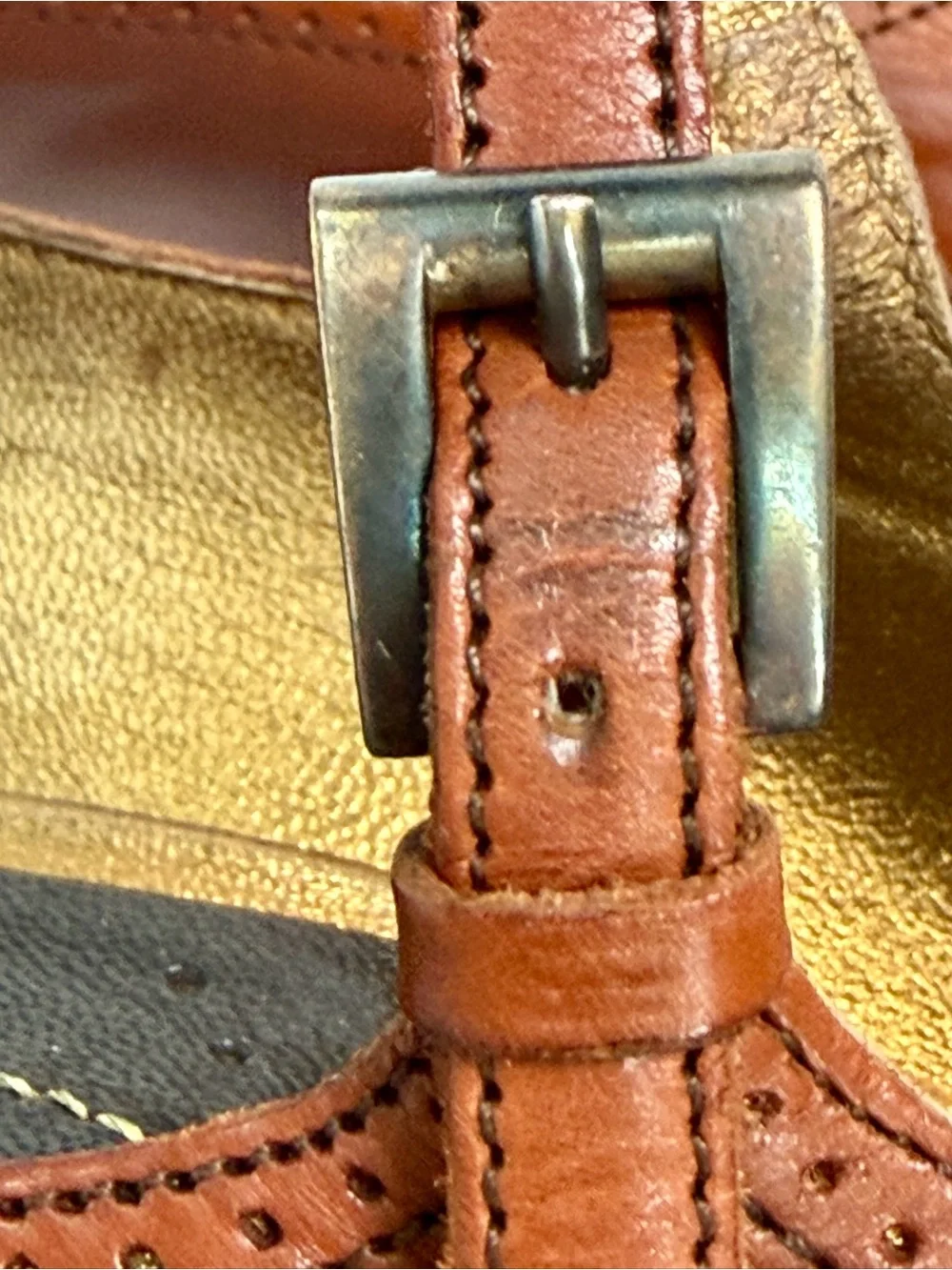 Prada Leather Mary Janes w/brogue detailing and bow, buckle, wooden heel, 37,EUC